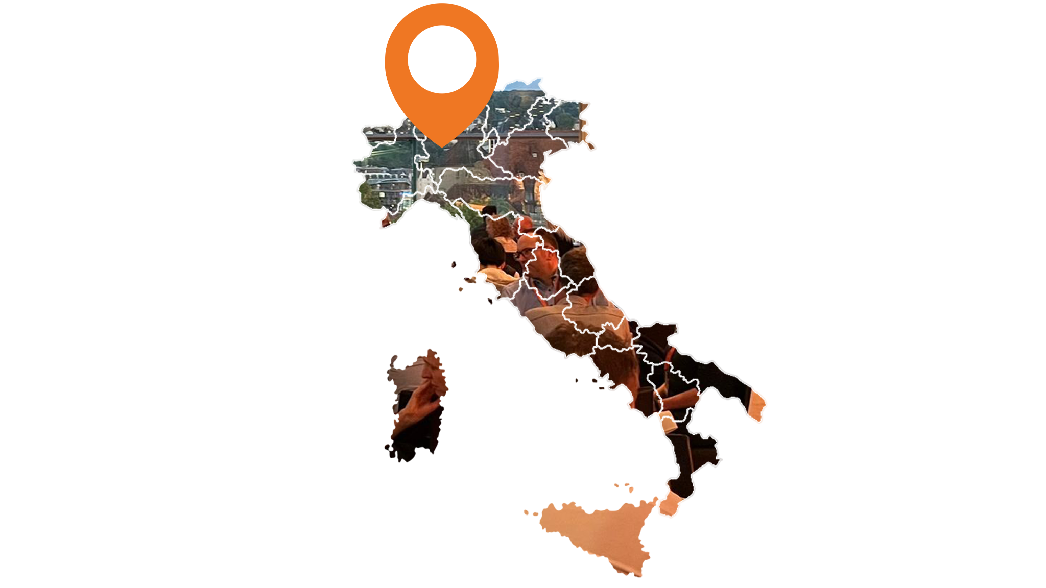 A map of Italy containing images of delegates at dinner