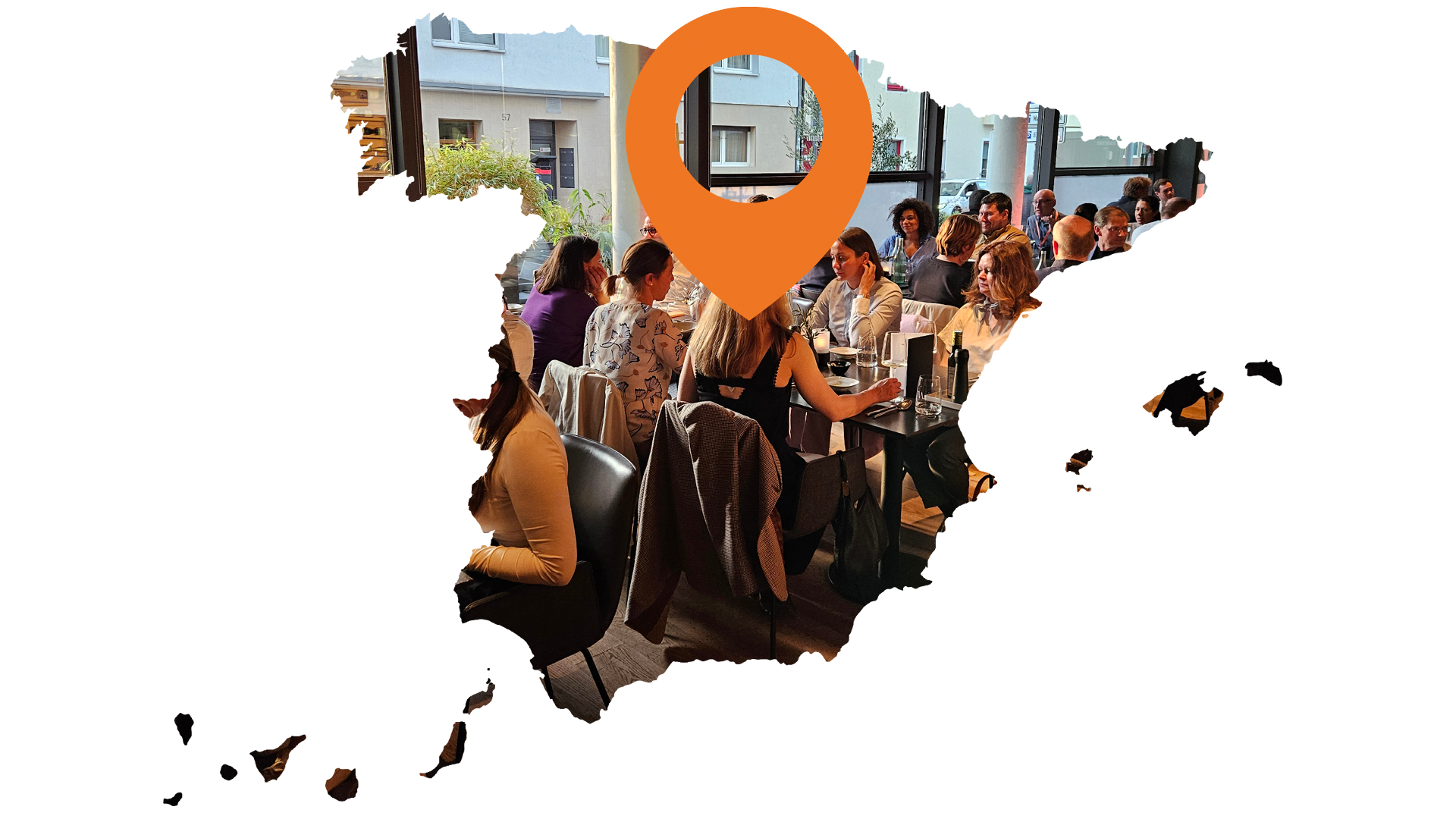 A map of Spain containing images of delegates at dinner